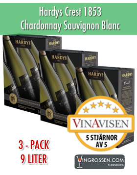 3-pack Hardys Crest 1853 Chardonnay Sauvignon Blanc 3x3L in the group Vin / Bag In Box / Vitt at Vingrossen.com - Vingrossen Handel GmbH (21173)